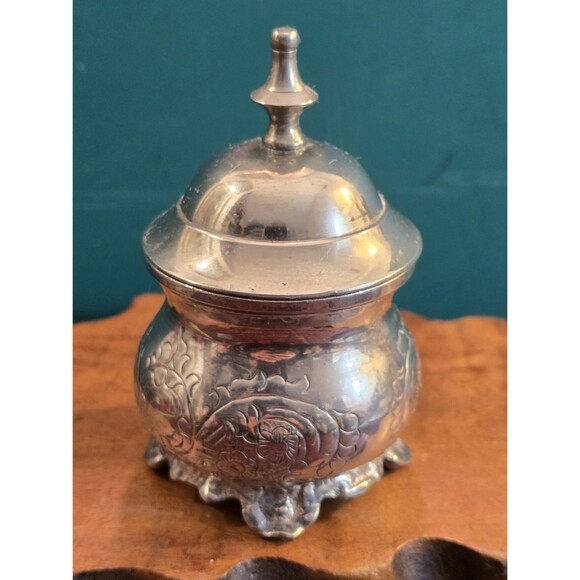 Vintage Miniature Tea Set Engraved Silverplate Sugar Bowl 3.75" H 2.25" Dia - Picture 2 of 7